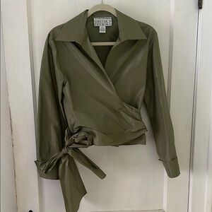 Chetta B Vintage Olive Green Women's Evening Silk Wrap Blouse, Sz 10